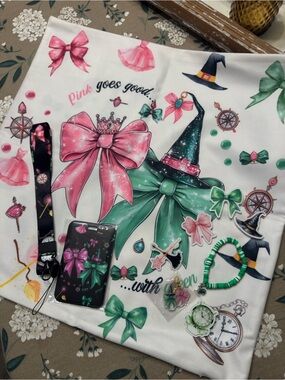 Wicked accessories set. Includes pillow cover, badge lanyard/holder, pins, etc